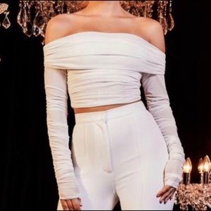 Meshki white, off the shoulder, long sleeve, ruged top in SMALL.